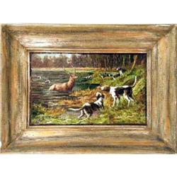 A FRAMED OIL ON SLATE