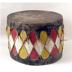 A PAINTED WOOD AND DEER HIDE NATIVE AMERICAN DRUM