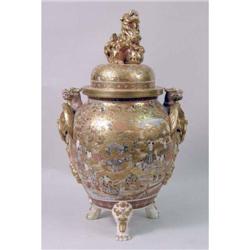 A LARGE SATSUMA COVERED VASE WITH FIGURAL HANDLES