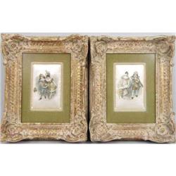 A PAIR OF FRAMED CONTINENTAL PAINTINGS ON SILK