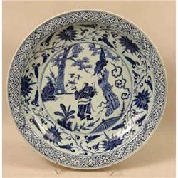 A LARGE BLUE AND WHITE SHALLOW BOWL