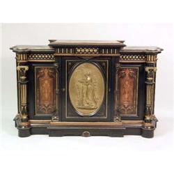 AN AESTHETIC MOVEMENT BRONZE-MOUNTED, INLAID AND BLACK LACQUERED CABINET