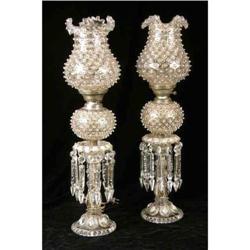 A PAIR OF VICTORIAN ENAMEL-DECORATED AND PARCEL-GILT HOB-NAIL FLUID LAMPS