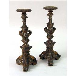 A PAIR OF BAROQUE GILTWOOD DIMINUTIVE PRICKET STICKS