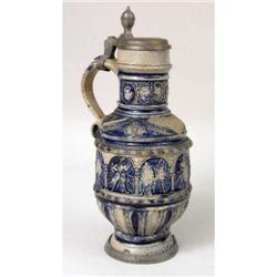 A WESTERWALD PEWTER-MOUNTED COBALT-DECORATED STONEWARE JUG