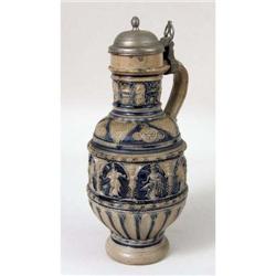 A WESTERWALD PEWTER-MOUNTED COBALT-DECORATED JUG