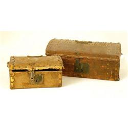 TWO BRASS TACK AND HIDE COVERED DOME-TOP TRINKET TRUNKS