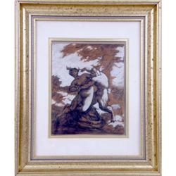 A FRAMED MIXED MEDIA ON PAPER