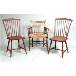 A PAIR OF RED-PAINTED STEP-BACK WINDSOR-STYLE SIDE CHAIRS