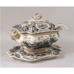 A LARGE TRANSFERWARE SOUP TUREEN AND LADLE