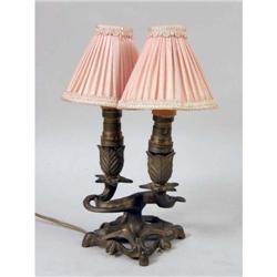 A BRASS TWO-BRANCH BOUILLOTTE STYLE LAMP