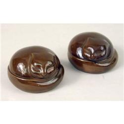 A PAIR OF TIFFANY BROWN PORCELAIN COVERED BOXES