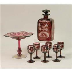 A RUBY CUT-TO-CLEAR GLASS DECANTER