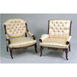 TWO SIMILAR VICTORIAN EASTLAKE STYLE PARCEL-GILT ROSEWOOD SLIPPER CHAIRS