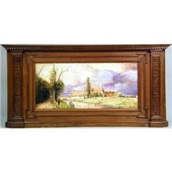 A CARVED OAK DECORATIVE FRAMED OIL ON BOARD