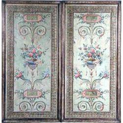 A PAIR OF FRAMED DECORATIVE PAINTED CANVAS PANELS