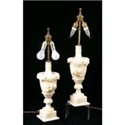 A PAIR OF WHITE ALABASTER URN-FORM TABLE LAMPS