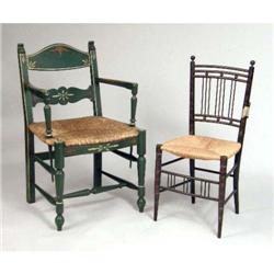 A FRENCH PROVINCIAL STYLE GREEN-PAINTED RUSH-SEATED ARMCHAIR