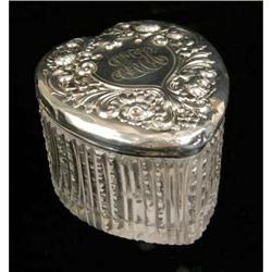 A STERLING SILVER LIDDED GLASS HEART-FORM DRESSER BOX