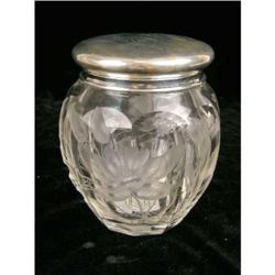 A STERLING SILVER LIDDED ETCHED GLASS DRESSER JAR