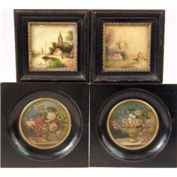 A PAIR OF DECORATIVE PAINTED PAPIER-MACHE ROUNDELS