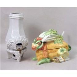 A CONTEMPORARY MAJOLICA RABBIT COVERED TUREEN