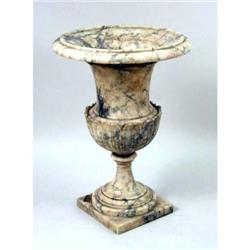 A GRAINED WHITE AND GRAY-MARBLE CAMPANA-FORM GARDEN URN