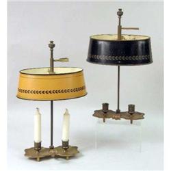 TWO BRASS AND PAINTED TOLE TWO-BRANCH CHAMBER CANDLESTICKS