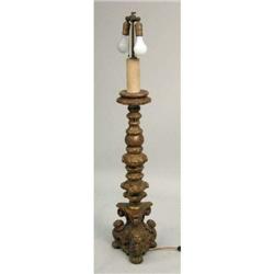 AN ITALIAN STYLE CARVED GILTWOOD PRICKET CANDLESTICK-FORM FLOOR LAMP