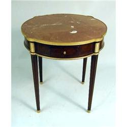 A LOUIS XVI STYLE MARBLE-TOP MAHOGANY STAINED BOUILLOTTE TABLE