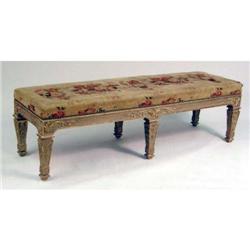 A PAIR OF LOUIS XVI STYLE PAINTED AND PARCEL-GILT BENCHES