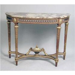 A LOUIS XVI STYLE MARBLE-TOP PARCEL GILT OAK DEMI-LUNE TABLE