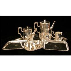 AN ERCUIS, FRANCE HEAVY SILVER PLATED FIVE PIECE TEA & COFFEE SERVICE WITH RECTANGULAR TRAY