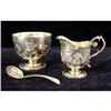 Image 1 : A BOXED SET ENGLISH STERLING SILVER GILT SILVER OPEN SUGAR BOWL, SPOON AND CREAM JUG