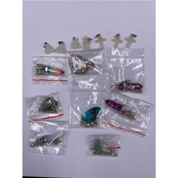 15 GEMSTONE NECKLACES/WANDS; WHITE ONYX, OPALITE, SUGLITE, JADE, TITANIUM AURA CRYSTAL, RARE