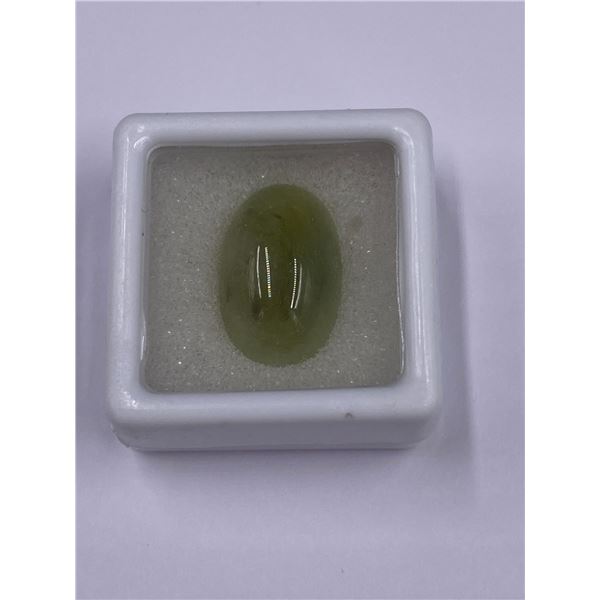 GREEN SAPPHIRE 19.42CT, 19.0 X 11.8 X 8.2MM, ROUND CABOCHON, TRANSLUCENT, MADAGASCAR, POSSIBLE GF