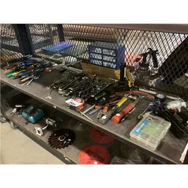 ASSORTED TOOLS; HUSKY NAIL GUN, HAMMERS, WRENCHES, SCREWDRIVERS, AND MORE