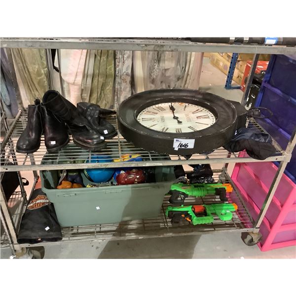 ASSORTED TOYS, KIDS ROLLER BLADES, KIDS HARLEY DAVIDSON JACKET, CLOCK AND MORE