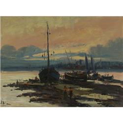 ACRYLIC PAINTING MID-CENTURY HARBOR SCENE