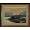 Image 2 : ACRYLIC PAINTING MID-CENTURY HARBOR SCENE
