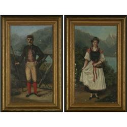OIL PAINTINGS ALPINE COUPLE ANTIQUE