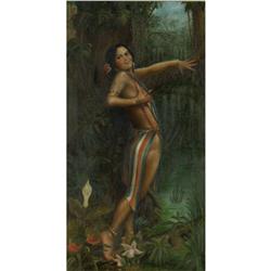 OIL PAINTING WOMAN JUNGLE LANDSCAPE VINTAGE