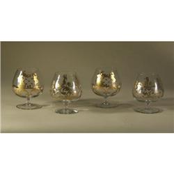 CONTINENTAL GLASS BRANDY SNIFTERS GILT SCROLLWORK