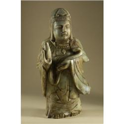 LARGE CARVED GREEN STONE QUAN YIN SCULPTURE