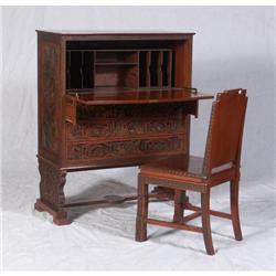 ASIAN CARVED DESK ON STAND AND SIDE CHAIR