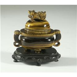 CARVED TIGER'S EYE BOWL WITH LID FU DOG FINIAL