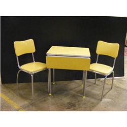 Yellow Chrome drop leaf table with 2 matching chairs.