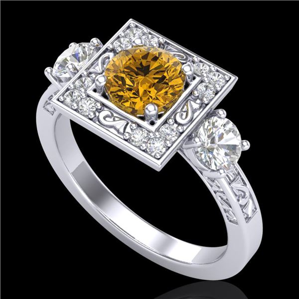 1.55 ctw Intense Fancy Yellow Diamond Art Deco Ring 18k White Gold - REF-178A2N