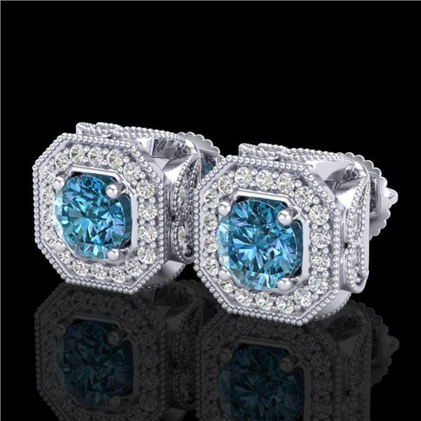 2.75 ctw Fancy Intense Blue Diamond Art Deco Earrings 18k White Gold - REF-290K9Y