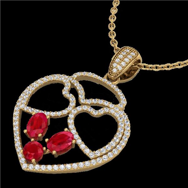 3 ctw Ruby & Micro Pave Designer Heart Necklace 14k Yellow Gold - REF-134H5R